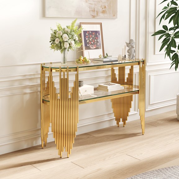 Newdopro 47 Inch Modern Art Deco 2-Tier Oval Console Table, Gold Stainless Steel Frame Clear Tempered Glass Top