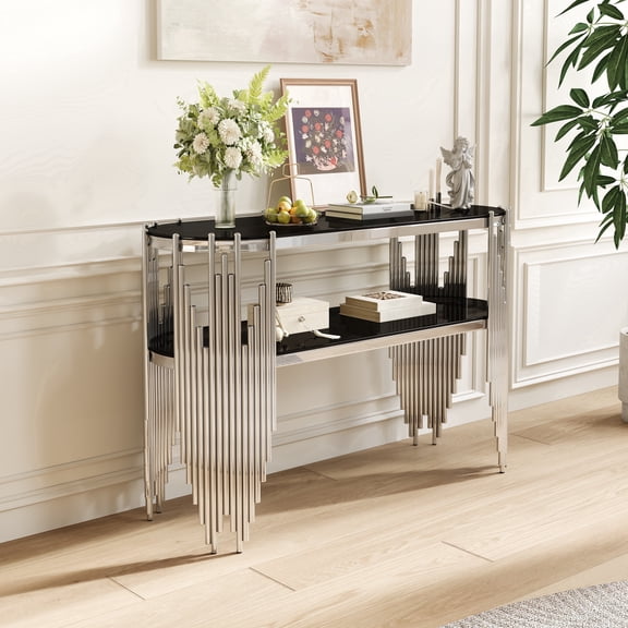 Newdopro 47 Inch Modern Art Deco 2-Tier Oval Console Table, Silver Stainless Steel Frame Black Glass Top