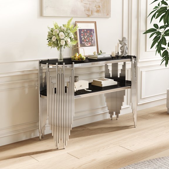 Newdopro 47 Inch Modern Art Deco 2-Tier Oval Console Table, Silver Stainless Steel Frame Black Glass Top