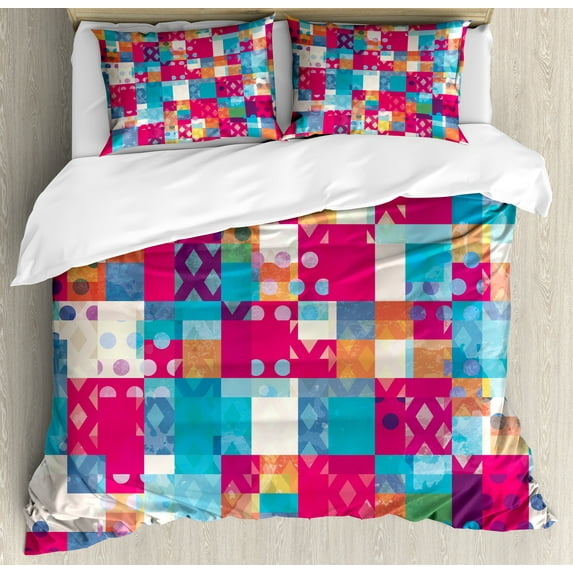 Modern Art Duvet Cover Set, Abstract Motif with Dots with Squares and Chevron Lines Urban Art Design Print, Decorative 3 Piece Bedding Set with 2 Pillow Shams, King Size, Multicolor, by Ambesonne