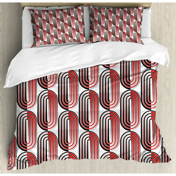 Modern Art Duvet Cover Set, Ellipse Curves Surrounded Focal Points Mathematical Modern Motif, Decorative 3 Piece Bedding Set with 2 Pillow Shams, Queen Size, Vermilion White, by Ambesonne
