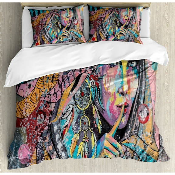 Modern Art Duvet Cover Set, Girl Dreamcatcher and Ethnic Murky Colorful Paint, Decorative 3 Piece Bedding Set with 2 Pillow Shams, King Size, Multicolor, by Ambesonne