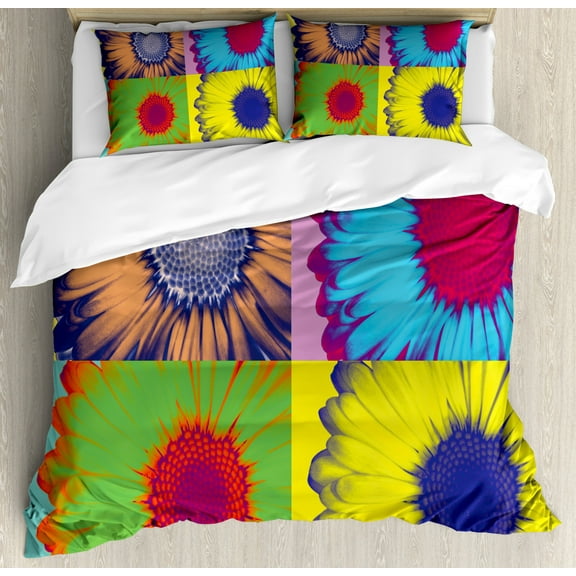 Modern Art Duvet Cover Set King Size, Pop Art Inspired Colorful Kitschy Daisy Flower with Hard-Edged Western Design, Decorative 3 Piece Bedding Set with 2 Pillow Shams, Multicolor, by Ambesonne