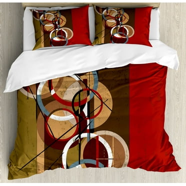 Modern Art Duvet Cover Set King Size, Retro Surreal Abstract Circular and Square Shaped Artwork Lines on Murky Base, Decorative 3 Piece Bedding Set with 2 Pillow Shams, Multicolor, by Ambesonne