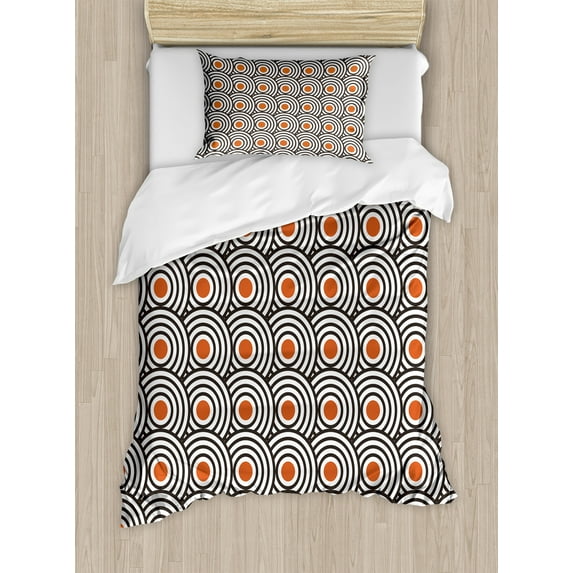 Modern Art Duvet Cover Set, New Age Retro Minimalist Concentric Spiral Vortex Abstract Work of Art, Decorative 2 Piece Bedding Set with 1 Pillow Shams, Twin Size, Charcoal Grey Orange, by Ambesonne