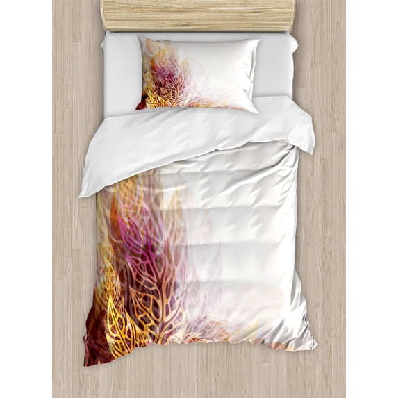 Modern Art Duvet Cover Set, Psychedelic Floral with Blurry Leaf Visuals and Effects Expressionist, Decorative 2 Piece Bedding Set with 1 Pillow Shams, Twin Size, Yellow Purple, by Ambesonne
