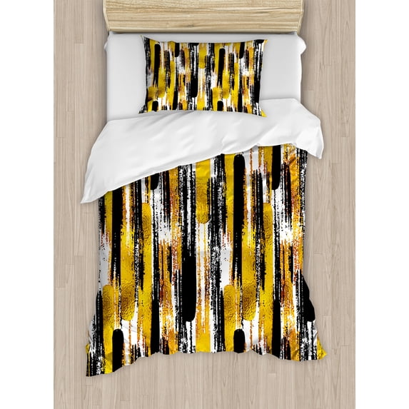 Modern Art Duvet Cover Set, Watercolored Grunge Brushstroke Expressionist Background Paint Effects, Decorative 2 Piece Bedding Set with 1 Pillow Shams, Twin Size, Earth Yellow Black, by Ambesonne