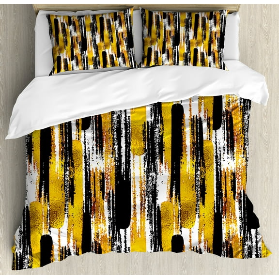 Modern Art Duvet Cover Set, Watercolored Grunge Brushstroke Expressionist Background Paint Effects, Decorative 3 Piece Bedding Set with 2 Pillow Shams, Queen Size, Earth Yellow Black, by Ambesonne