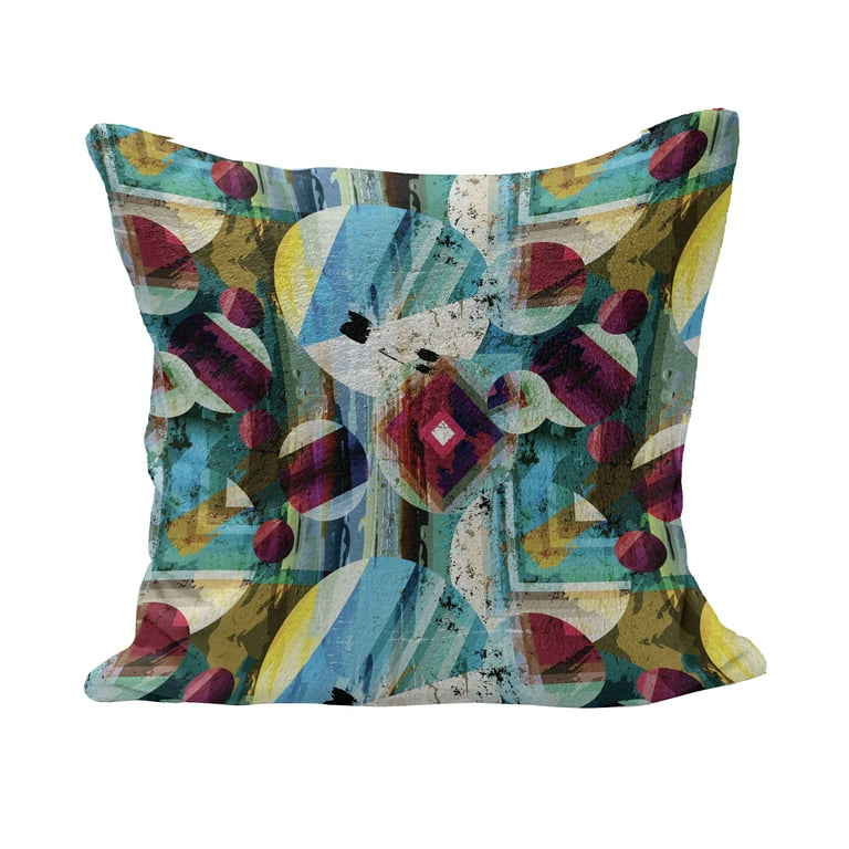 Modern Art Fluffy Throw Pillow Cushion Cover Vintage Geometric Shapes and Circle Shapes Like Outer Space Planets Art Print Decorative Square Accent