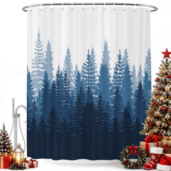 Modern Art Forest Trees Shadow Shower Curtain for Bathroom, Gradient Black Blue on White Waterproof Shower Curtains Washable Quick Dry with Hooks Bathtub Curtains 36x72IN