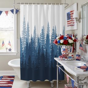 Modern Art Forest Trees Shadow Shower Curtain for Bathroom, Gradient Black Blue on White Waterproof Shower Curtains Washable Quick Dry with Hooks Bathtub Curtains 36x72IN