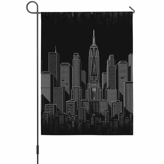 Modern Art Garden Flag 12 x 18 Inches, Black and White Skyscrapers Night City Minimalist Weather Proof Outdoor Patio Flags Double Sided Small Garden Decoration for Yard Outside Home