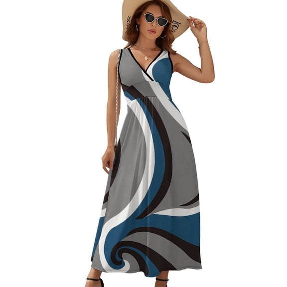 Modern Art Geometric Blue White Dress Summer Street Style Bohemia Long Dresses Female Sleeveless Printed Maxi Dress