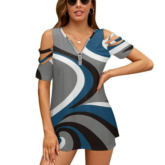 Modern Art Geometric Blue White Womens Summer V Neck Zipper Top Short Sleeve T Shirt Off Shoulder Top Casual Classy Loose Shirts