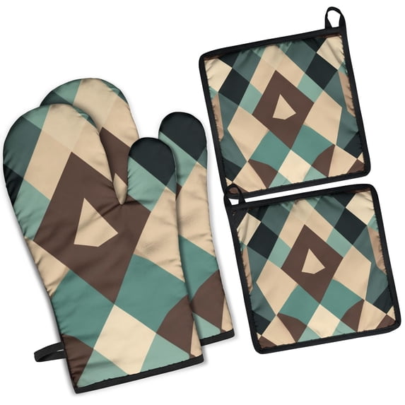 Modern Art Geometric Kitchen Oven Mitt and Pot Holder Sets 4 Pcs for Baking, Cooking and Grilling, Heat Resistant Up To 392 °F