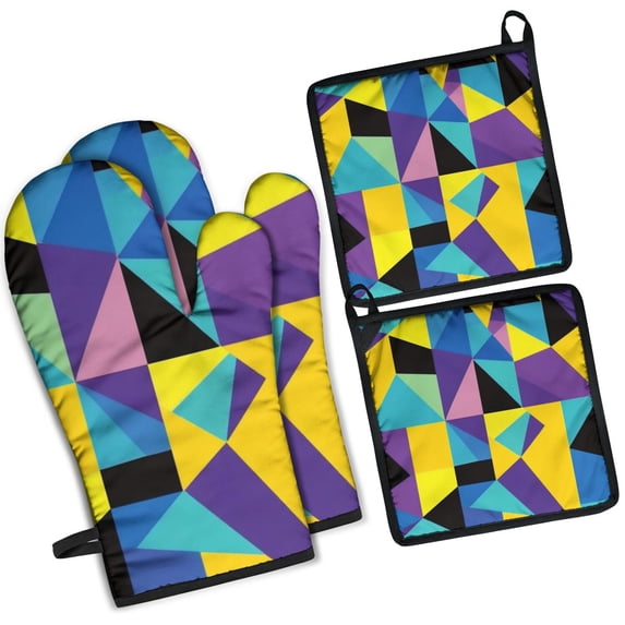 Modern Art Geometric Kitchen Oven Mitt and Pot Holder Sets 4 Pcs for Baking, Cooking and Grilling, Heat Resistant Up To 392 °F
