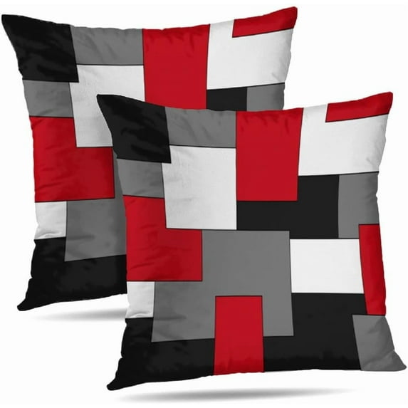 Modern Art Geometric Pillow Cover, Decorative Throw Pillow Covers Red Black Grey Abstract Artwork Cushion Cover for Bedroom Sofa Living Room 18 x 18 Inch Set of 2