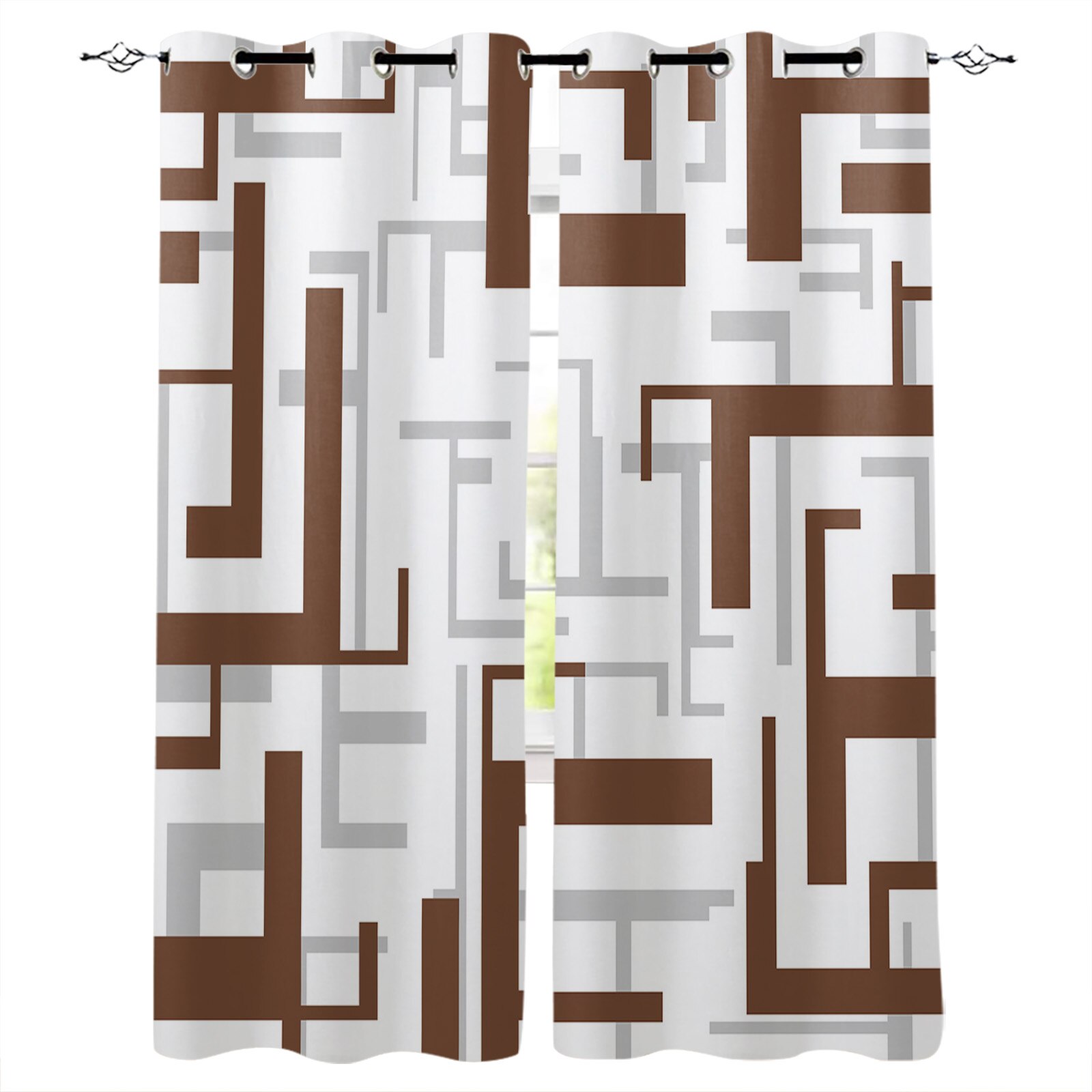 Modern Art Geometry Brown Grey Curtains for Living Room Kids Bedroom