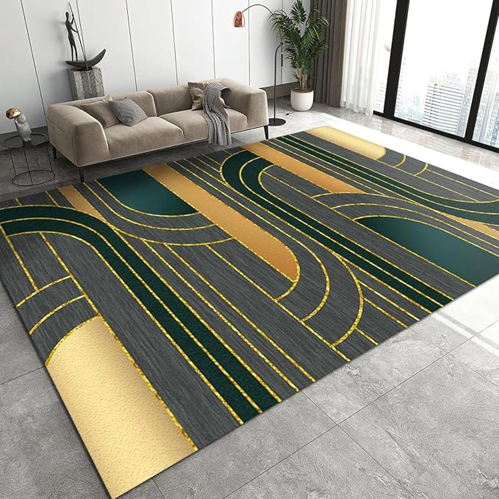 Large Geometric Rugs Modern Art Geometry Large Area Rug, Light Luxury Golden Lines Non Slip ...