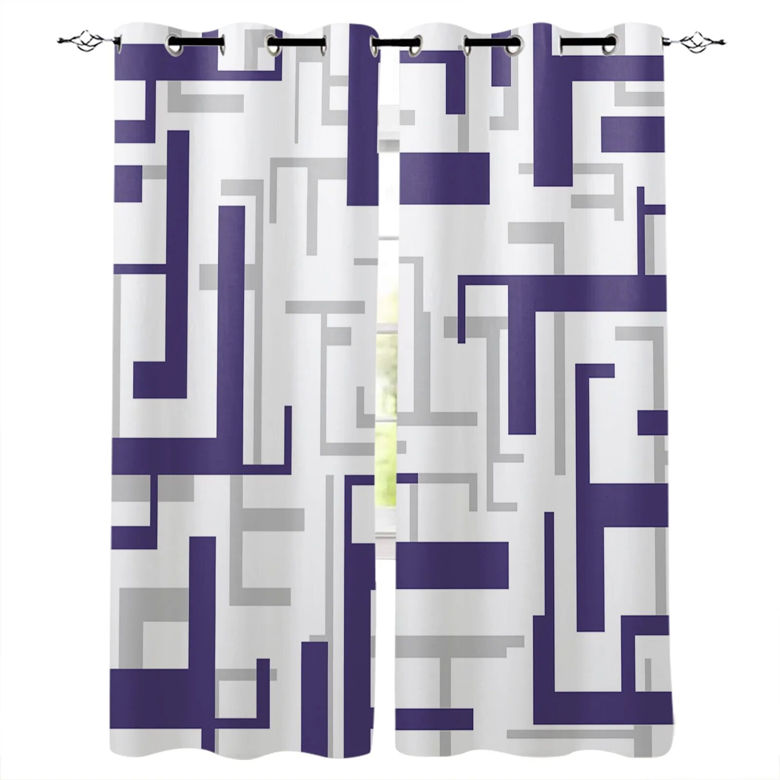 Modern Art Geometry Purple Grey Curtains for Living Room Kids Bedroom
