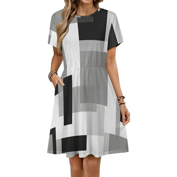 Modern Art Gray Black Geometric Dress Summer Street Style Dresses Female Short Sleeve Printed Sundress