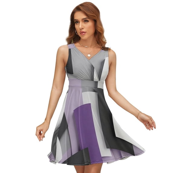 Modern Art Gray Purple Geometric Sleeveless Dress Women Summer Evening Dresses Ladies Sundress