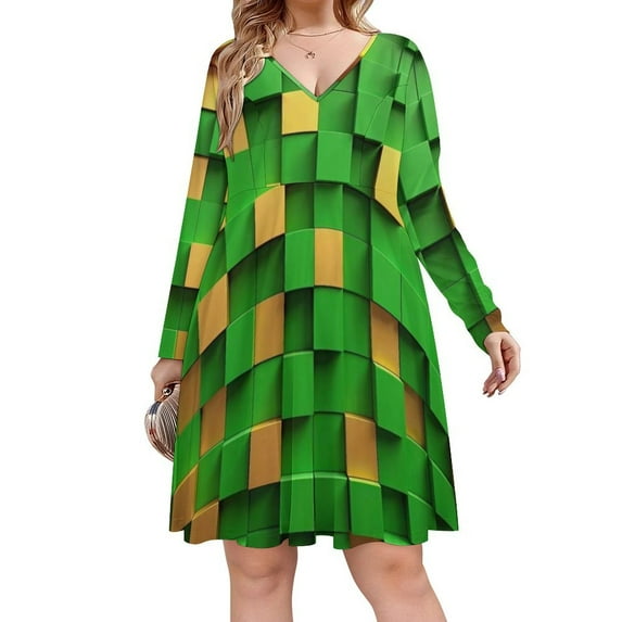 Modern Art Green Gold Squares Long Sleeve Dresses For Women Vintage Elegant Party Dress Oversized V-neck Dress S-8XL