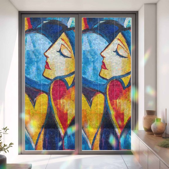 Modern Art Heart Portrait Window Privacy Film, Rainbow Film Decorative Window Sticker 35.4x78.7in, Watercolor Abstract Color Block Sun Blocking Static Stained Glass Cling Tint Non-Adhesive
