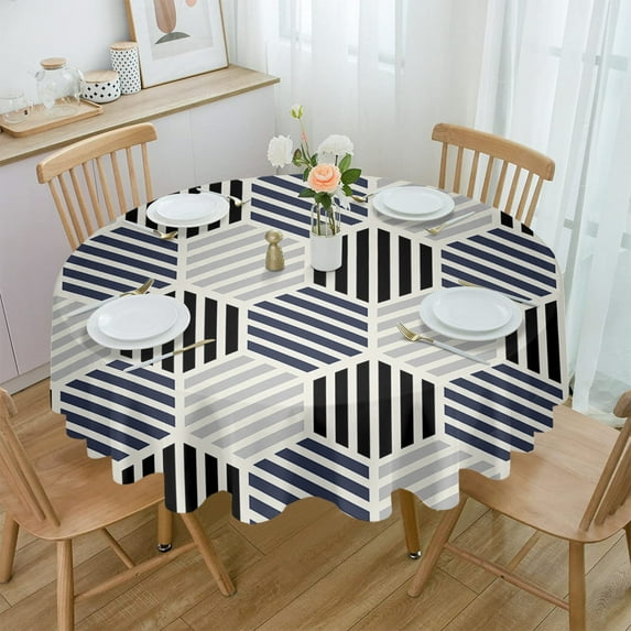 Modern Art Hexagon Stripes Waterproof Tablecloth Tea Table Decoration Round Table Cover for Kitchen Wedding Home Dining Room