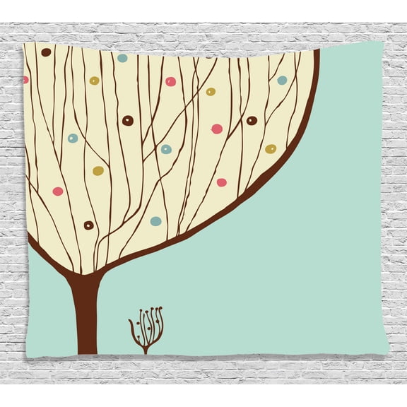 Modern Art Home Decor Tapestry, Aqua Hand Drawn Decorative Funk Art Tree Form with Dots Doodle Lines Art, Wall Hanging for Bedroom Living Room Dorm Decor, 80W X 60L Inches, Multi, by Ambesonne