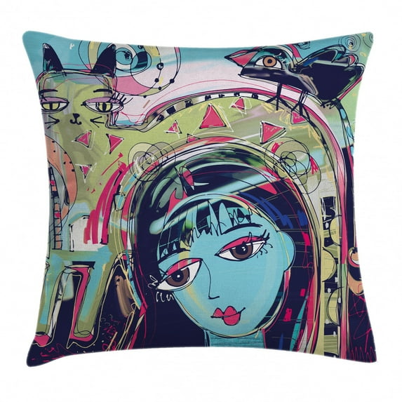 Modern Art Home Decor Throw Pillow Cushion Cover, Funk Style Avatar Woman with Cat on Head Graffiti Unusual Human Humor Art, Decorative Square Accent Pillow Case, 20 X 20 Inches, Multi, by Ambesonne
