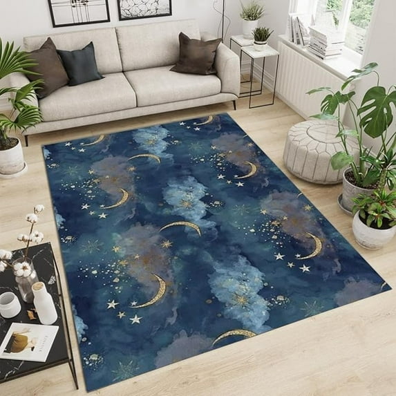 Modern Art Kids Area Rug For Living Room, Cloud Stars Moon Blue Indoor Area Rug, Non-Slip Washable Large Foldable Playing Mat For Kitchen Living Room Bedroom Entryway Nursery 4x6ft