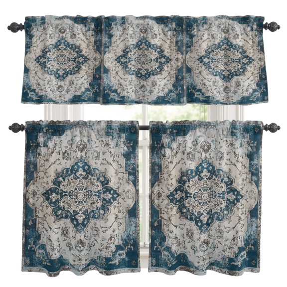 Modern Art Kitchen Curtains Valance and Tier Set Blue Toned Abstract National Pattern Rod Pocket Short Curtains for Small Window 3 Pieces Set for Bedroom Bathroom Cafe (54" x 18"+27" x 24")