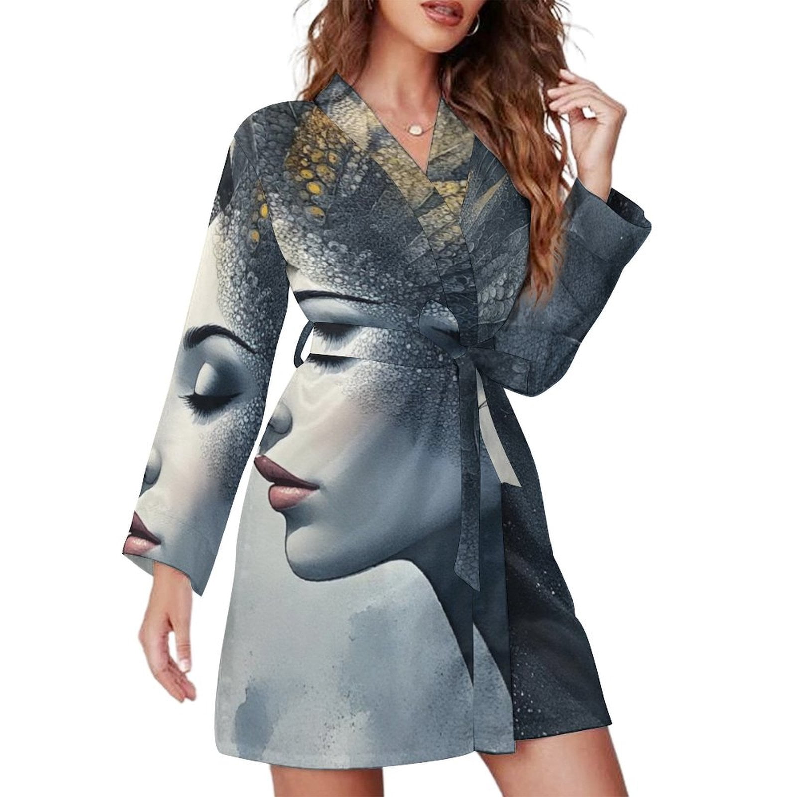 Modern Art Lady Portrait Night Robe Long Sleeve V Neck Robe With Belt ...