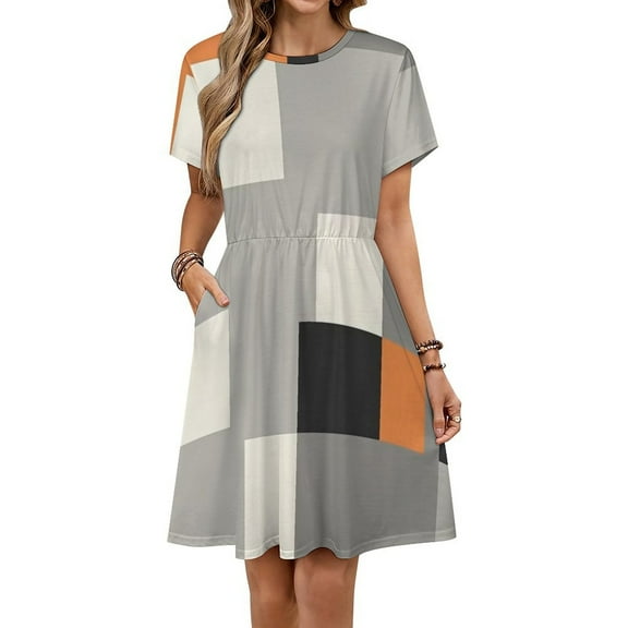 Modern Art Orange Gray Black Geometric Dress Summer Street Style Dresses Female Short Sleeve Printed Sundress