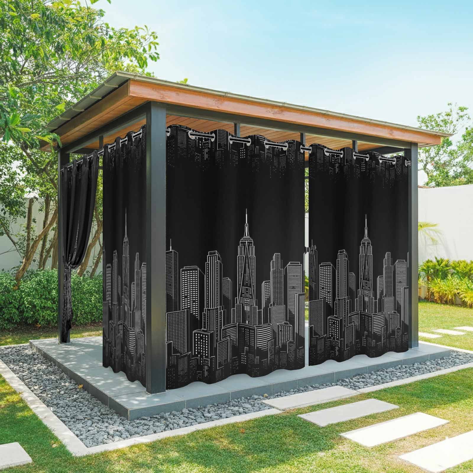 Modern Art Outdoor Curtains for Patio, Black and White Skyscrapers Night City Minimalist Sunshade Privacy Drapes Grommet Waterproof Outside Curtains for Porch/Cabana/Balcony 54"x 108", 1 Panel
