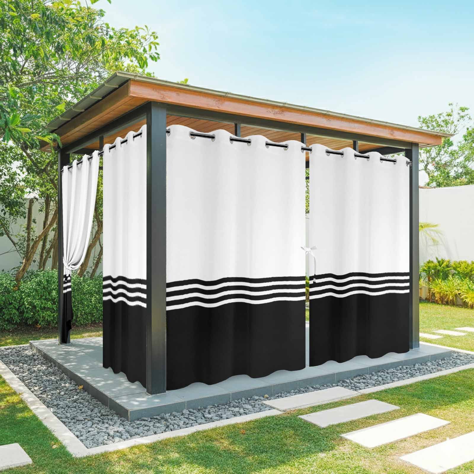 Modern Art Outdoor Curtains for Patio Waterproof, Black White Simple Striped Farmhouse Grommet Curtains for Porch Outside Privacy Drape for Gazebo Garden Pergola, 2 Panels, 54x108in
