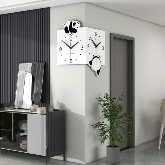 Modern Art Panda Corner Wall Clock, Double-Sided Dual-Face Clock for Living Room, Silent Quartz Decorative Clock