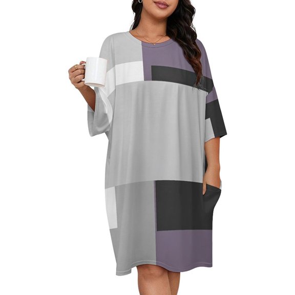 Modern Art Purple Gray Black Geometric Sleepshirts For Sleeping Travels Loose Sleepdress Pajama Dress Soft Nightdress Sleepwear