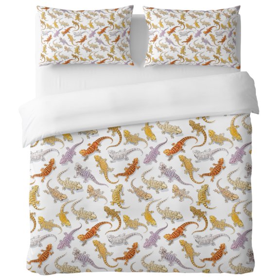 Modern Art Queen Duvet Cover Set, Bearded Dragons Exotic Lizards Desert Wildlife Decorative 3 Piece Bedding Set with Zipper Closure Soft Breathable Microfiber Comforter Cover & 2 Pillowcases