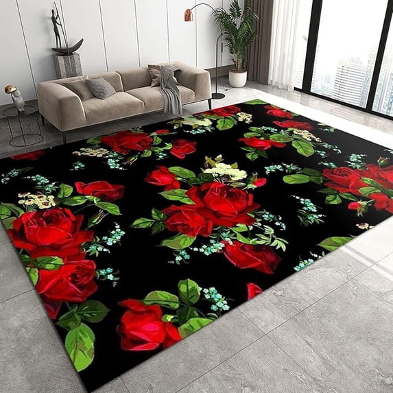 Modern Art Red Rose Area Rugs, Red Flowers And Green Leaves Print Design Living Room Rug, Soft Noise-Cancelling Floor Mats For Kid Bedroom Office Classroom Kitchen Decor 5 x 8ft