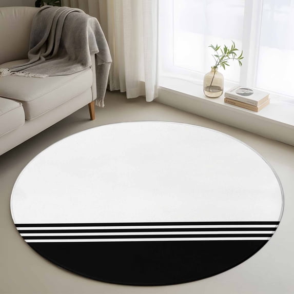 Modern Art Round Area Rugs 3 ft, Black White Simple Striped Farmhouse Washable Small Area Rug with Non-Slip Sturdy Edge Binding Round Front Door Mat Floor Carpet for Entryway