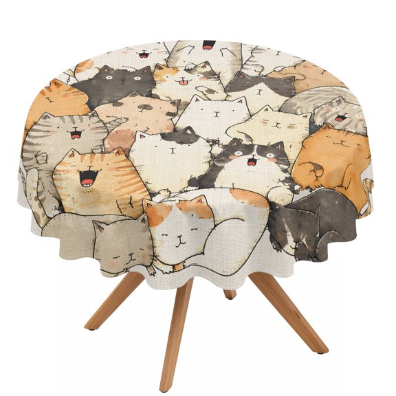 Modern Art Round Tablecloth 54 inches Crowded Cat Pile Sleeping Kittens Minimalist Waterproof Oil-Proof Table Cloth Round Table Cover for Holiday Party Picnic Dinner Decor Indoor and Outdoor Use