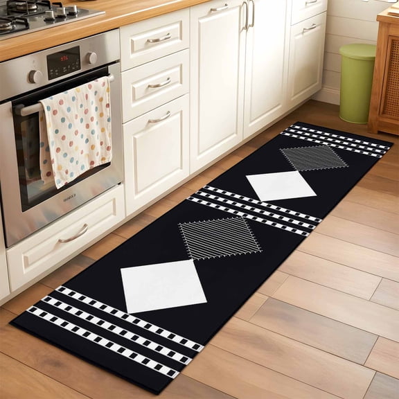 Modern Art Runner Rug for Hallway 2x6ft, Black and White Striped Diamonds Checkered Border Non Slip Floor Mat Washable Low-Profile Indoor Carpet for Living Room, Bedroom, Dining Room