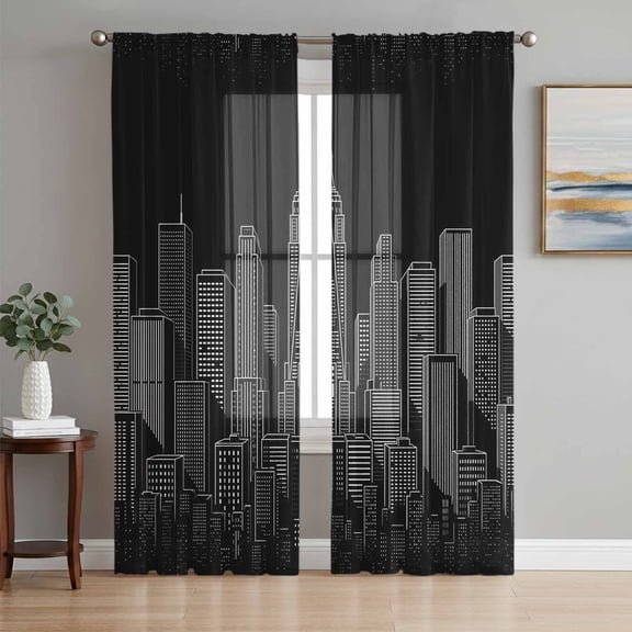 Modern Art Sheer Curtains for Living Room Bedroom, Black and White Skyscrapers Night City Minimalist Light Filtering Sheer Curtain Rod Pocket Voile Window Treaments Drapes, 52 x 72 Inches