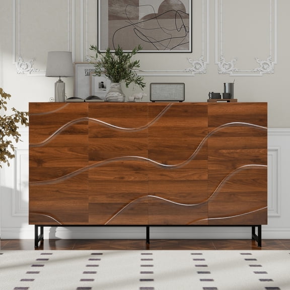 Modern Art Sideboard Cabinet, 59" Storage Cabinet with Wave Relief Design, Buffet Cabinet with Iron Legs, Large Storage Cupboard for Living Room Dining Room Entryway, Brown