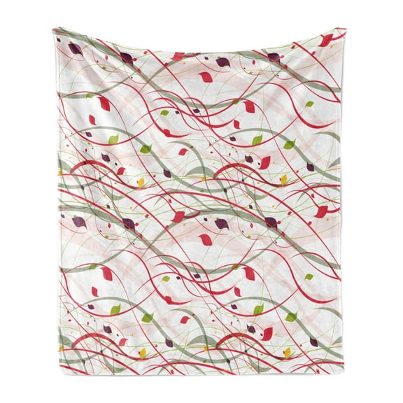 Modern Art Soft Flannel Fleece Throw Blanket, Bizarre Curl Lines Like Tree Branches with Leaves Abstract Spring Summer Theme, Cozy Plush for Indoor and Outdoor Use, 50" x 60", Red Green, by Ambesonne