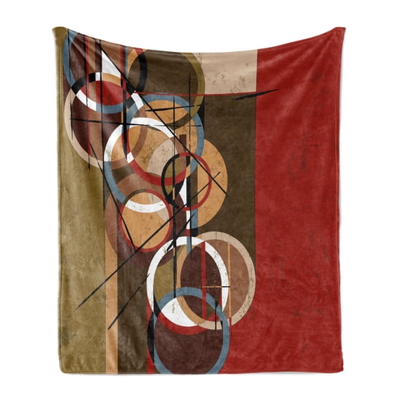 Modern Art Soft Flannel Fleece Throw Blanket, Retro Surreal Abstract Circular and Square Shaped Artwork Lines on Murky Base, Cozy Plush for Indoor and Outdoor Use, 50" x 60", Multicolor, by Ambesonne