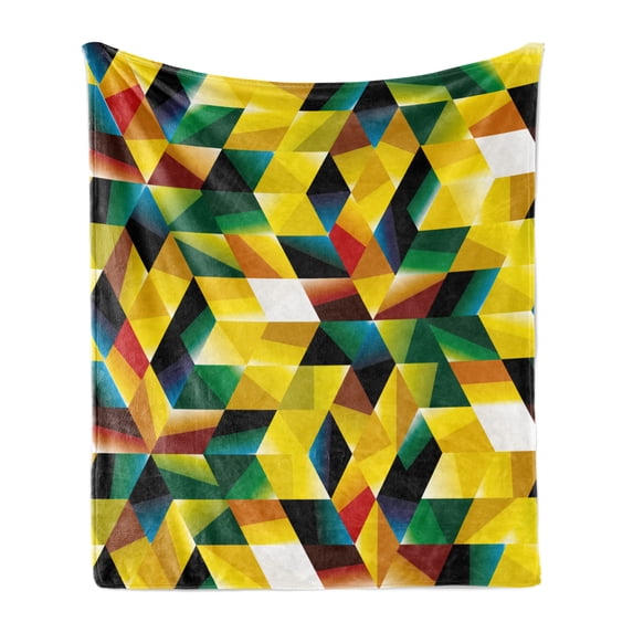 Modern Art Soft Flannel Fleece Throw Blanket, Trippy Dimensional Geometric and Triangles Abstract Futuristic Design, Cozy Plush for Indoor and Outdoor Use, 60" x 80", Yellow Dark Green, by Ambesonne