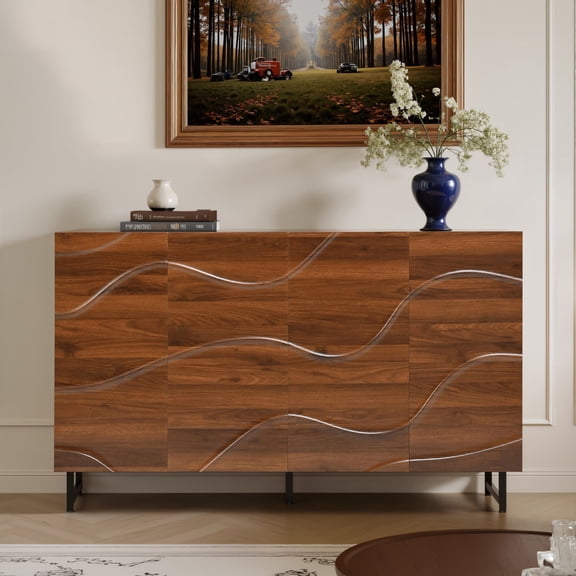 Modern Art Solid Wood Sideboard 59x16x35 Inches - Wave Relief Design, Walnut Texture, Iron Legs Living Room Storage Cabinet